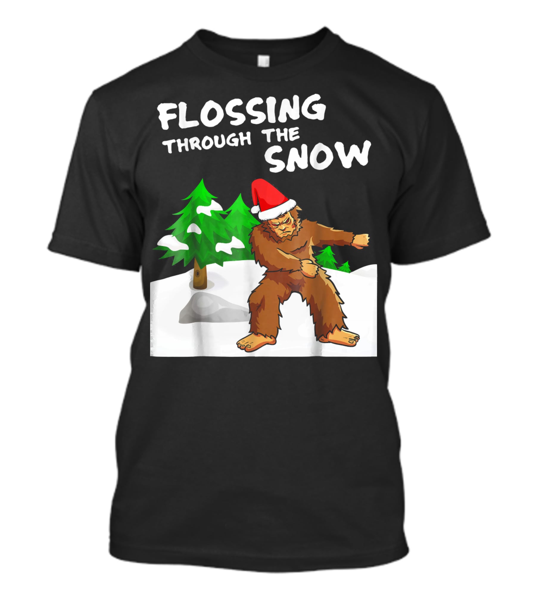 Flossing Through The Snow Bigfoot Santa Hat Winter Scene T-Shirt