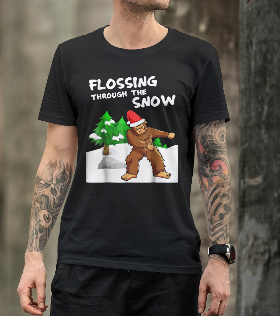 Flossing Through The Snow Bigfoot Santa Hat Winter Scene T-Shirt