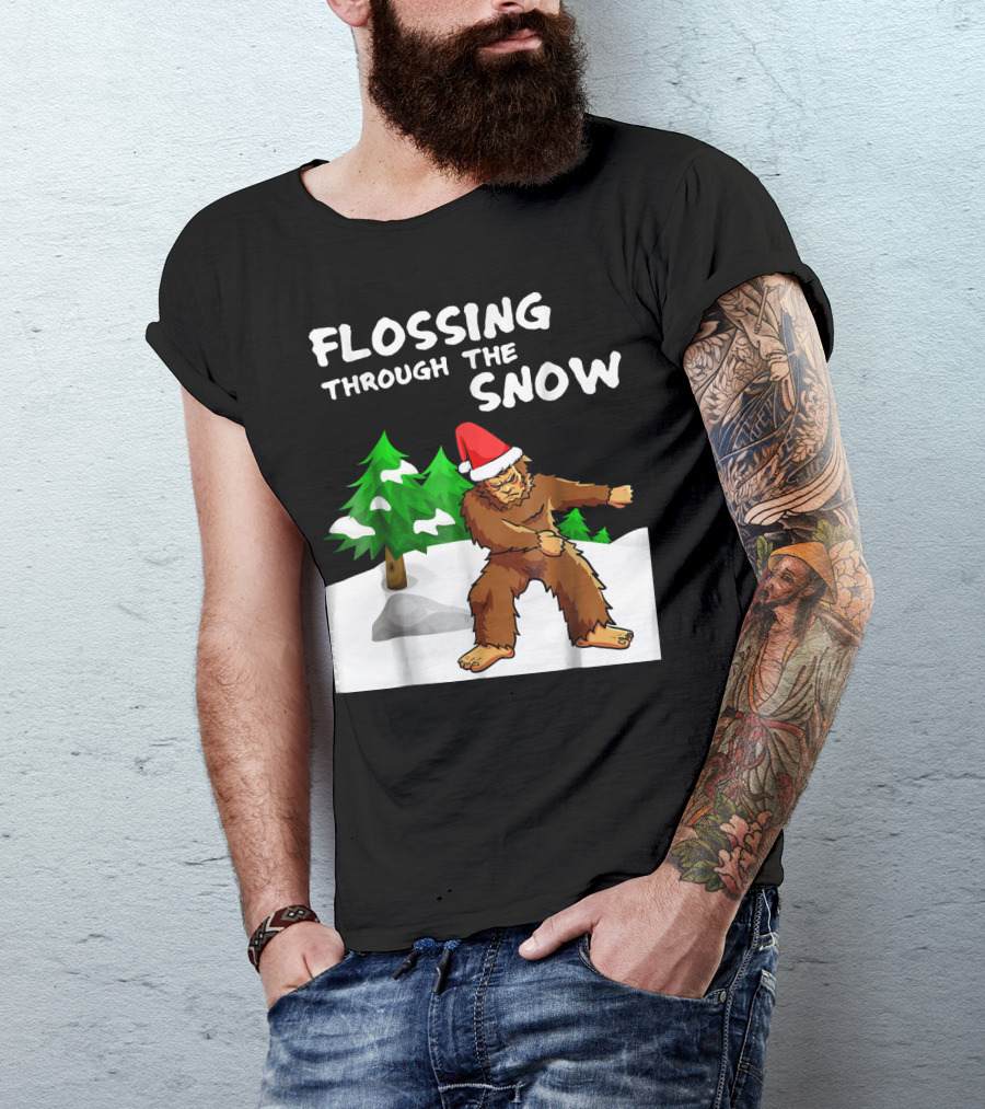 Flossing Through The Snow Bigfoot Santa Hat Winter Scene T-Shirt