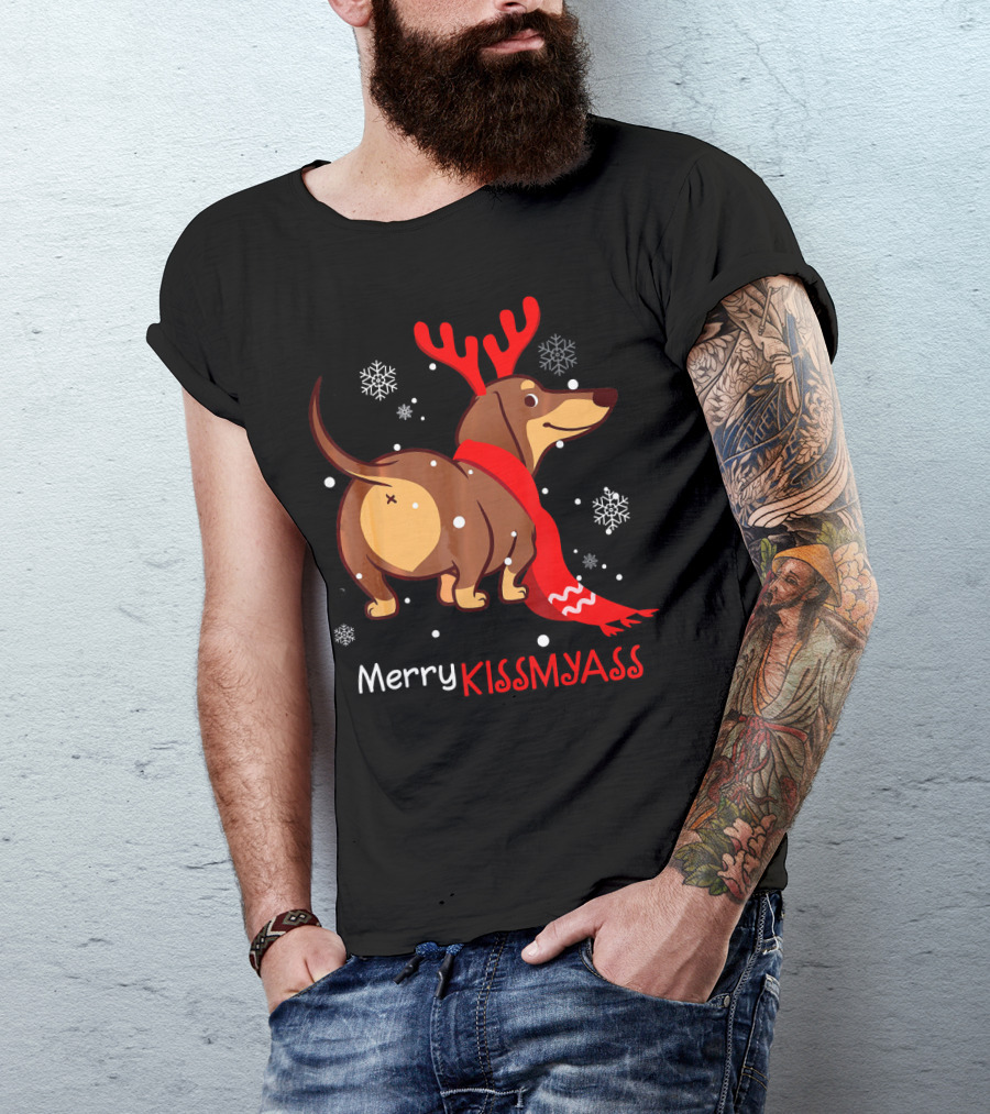 Funny Dog Dachshund Christmas Merry Kiss My Ass T-Shirt