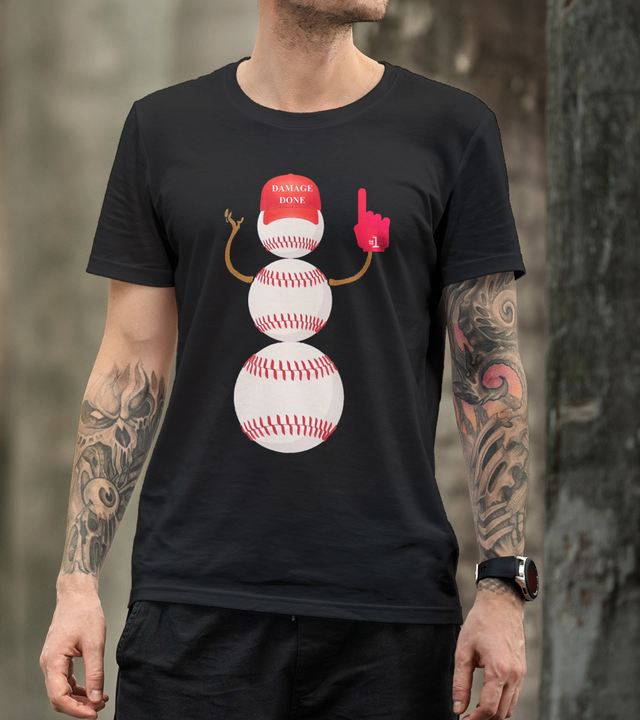 Damage Done Baseball Snowman With Red Cap And Foam Finger T-Shirt