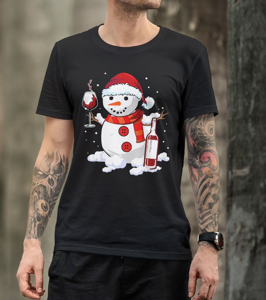 Snowman With Santa Hat And Scarf Holding Wine Glass And Bottle Christmas Drinking T-Shirt