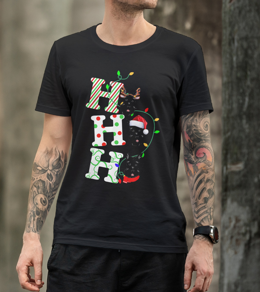 Scottish Terrier Ho Ho Ho Christmas Lights Santa Hat And Antlers T-Shirt