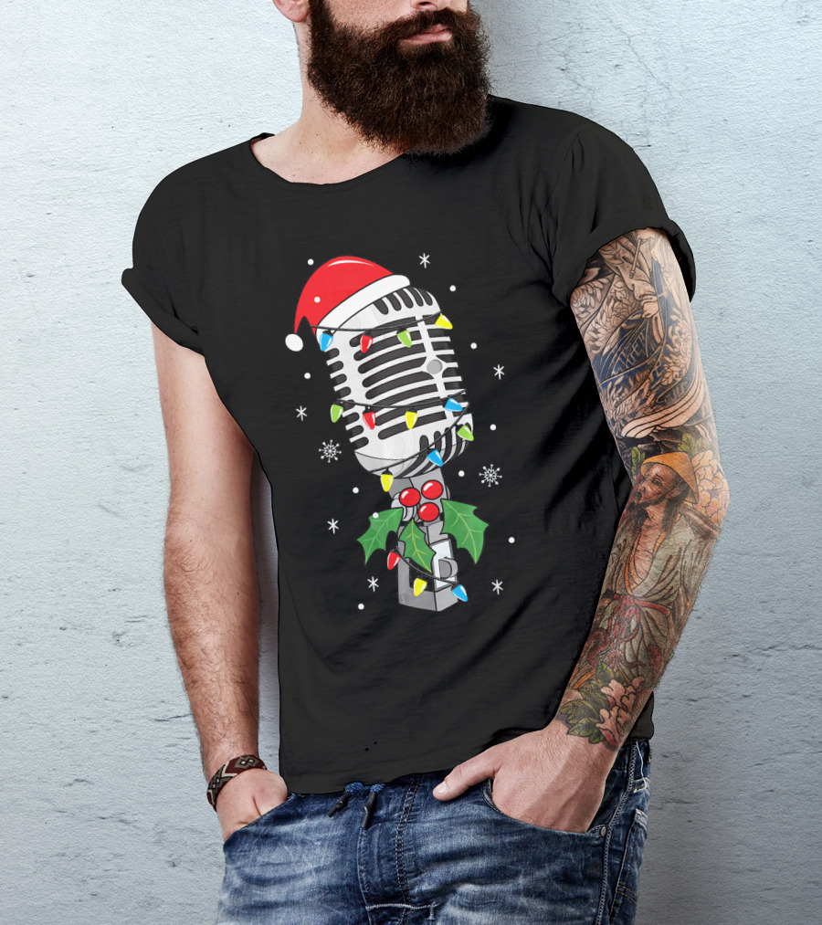Retro Microphone With Santa Hat And Holiday Lights T-Shirt