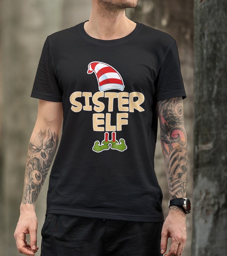 Sister Elf Merry Funny Christmas Hat And Shoes T-Shirt
