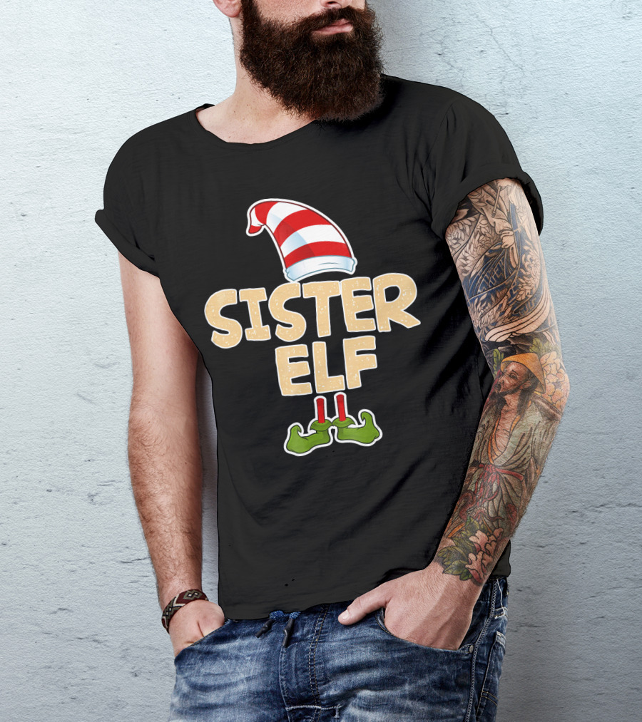 Sister Elf Merry Funny Christmas Hat And Shoes T-Shirt