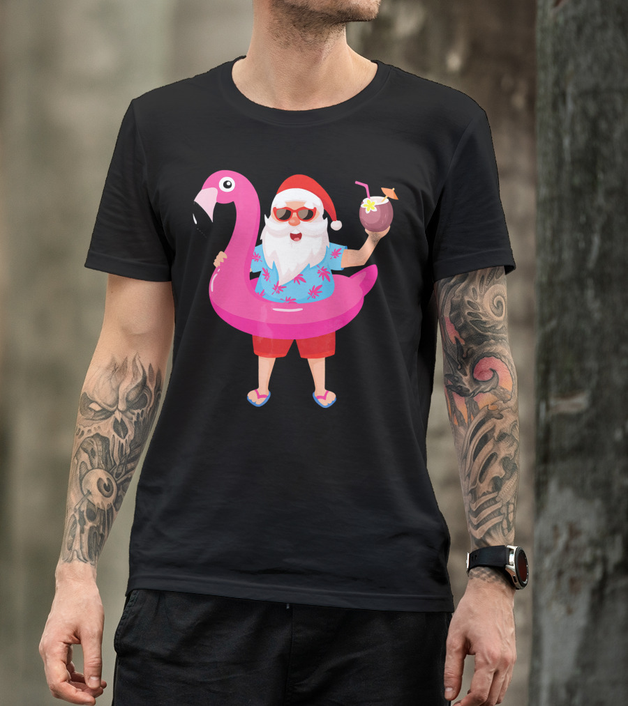 Funny Santa Claus With Flamingo And Tropical Drink T-Shirt