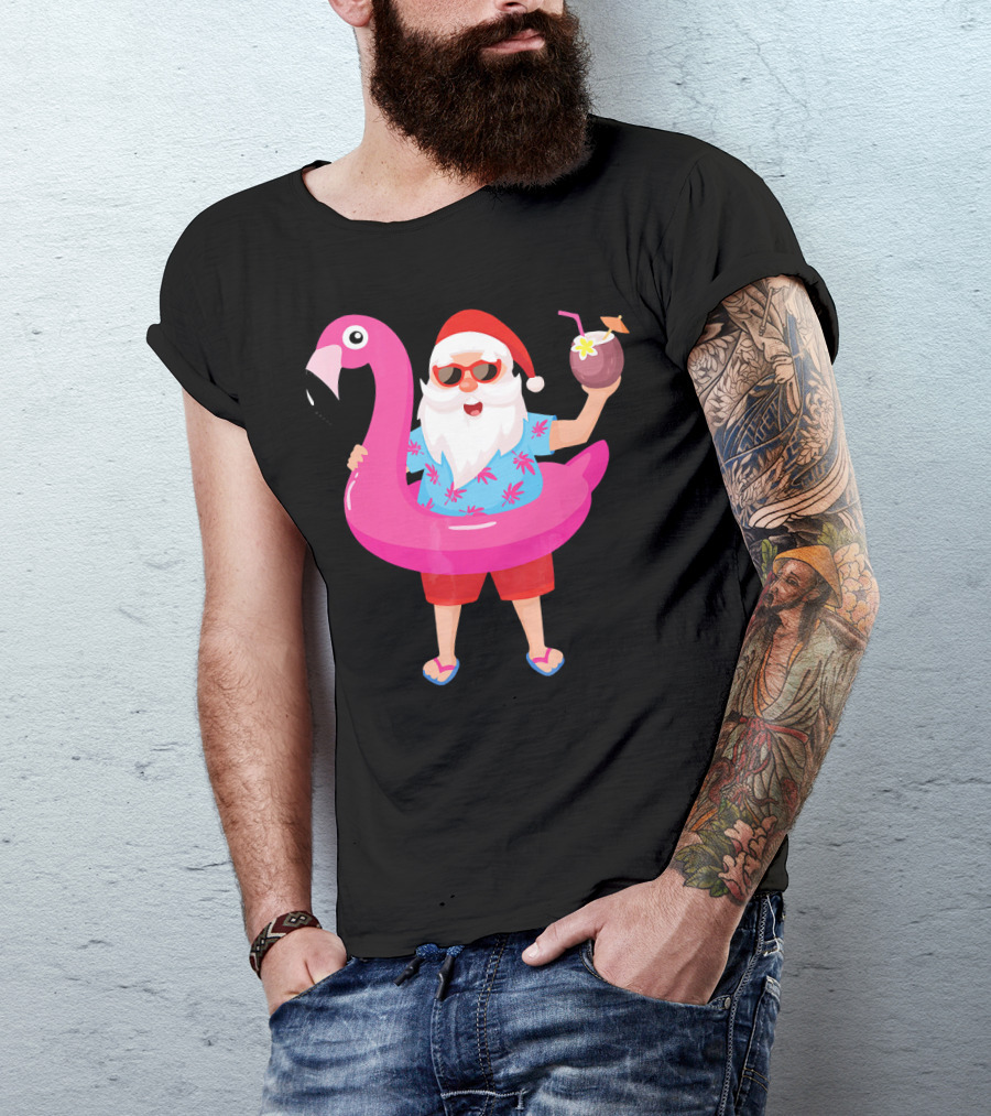 Funny Santa Claus With Flamingo And Tropical Drink T-Shirt