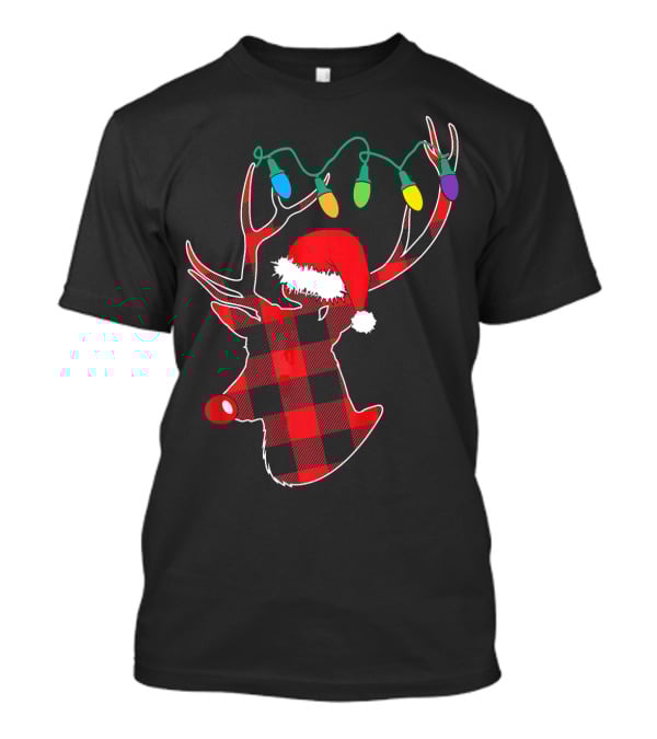 Christmas Deer Santa Hat Buffalo Plaid String Lights T-Shirt