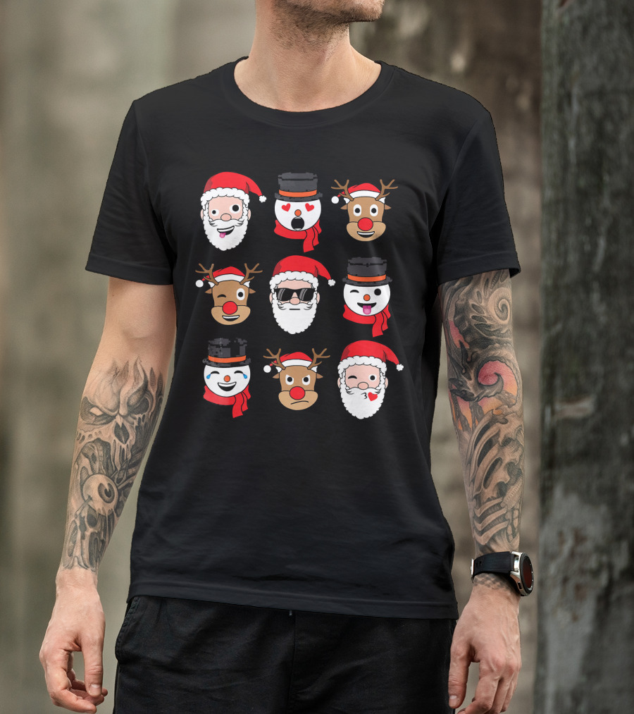 Santa Claus Emoji Faces With Reindeer And Snowman Expressions T-Shirt