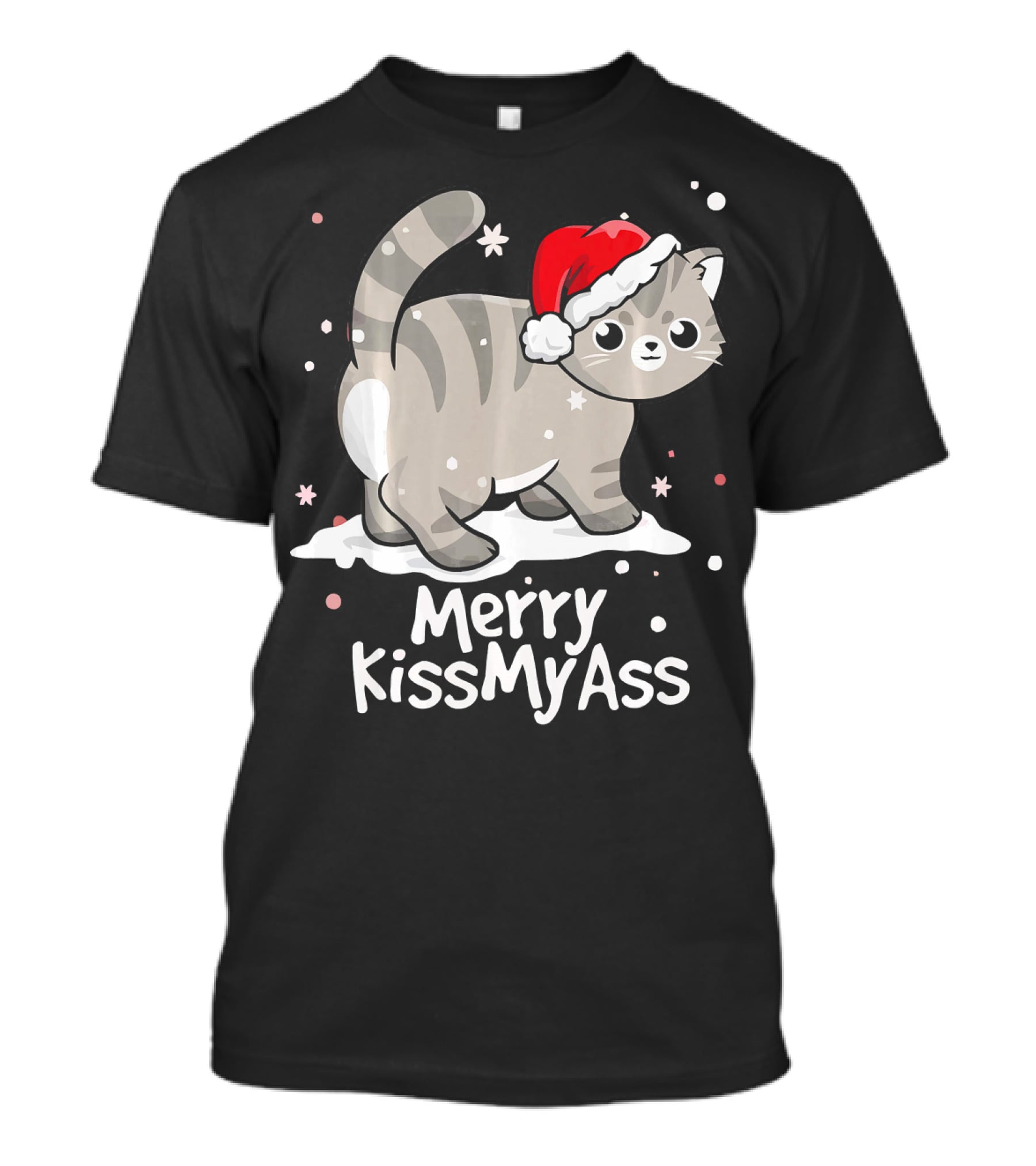 Merry KissMyAss Cat With Santa Hat In Snowflakes T-Shirt