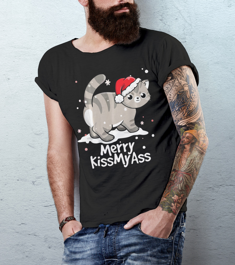 Merry KissMyAss Cat With Santa Hat In Snowflakes T-Shirt