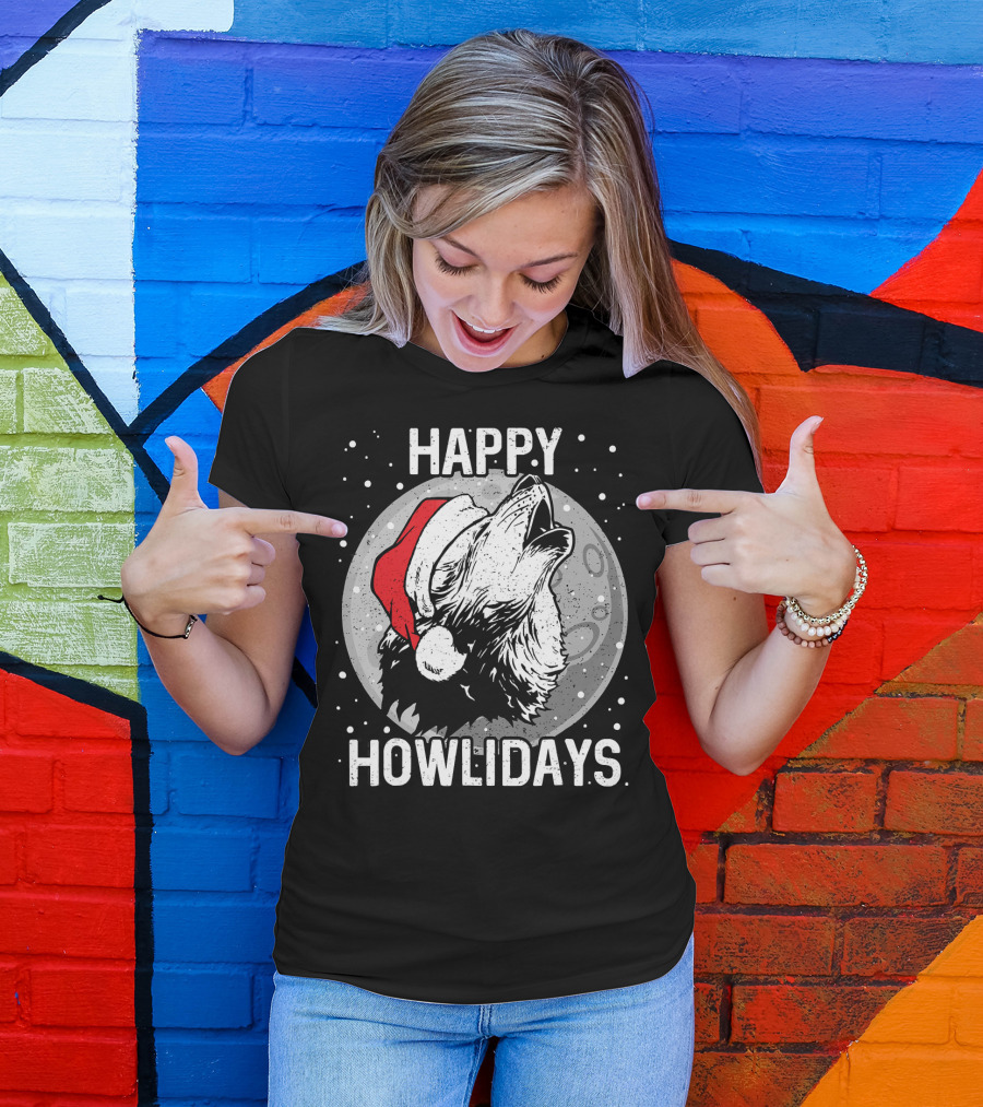 Happy Howlidays Christmas Wolf Santa Hat Moon T-Shirt
