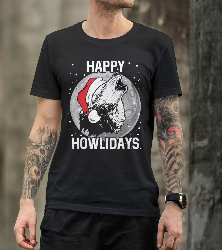 Happy Howlidays Christmas Wolf Santa Hat Moon T-Shirt