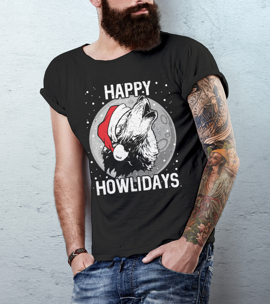 Happy Howlidays Christmas Wolf Santa Hat Moon T-Shirt