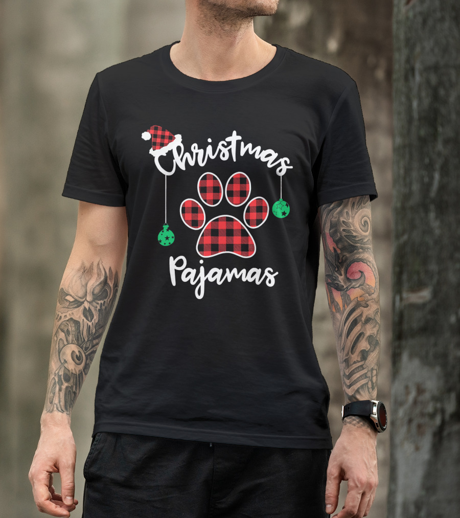 Christmas Pajamas Buffalo Plaid Santa Hat Paw Prints T-Shirt