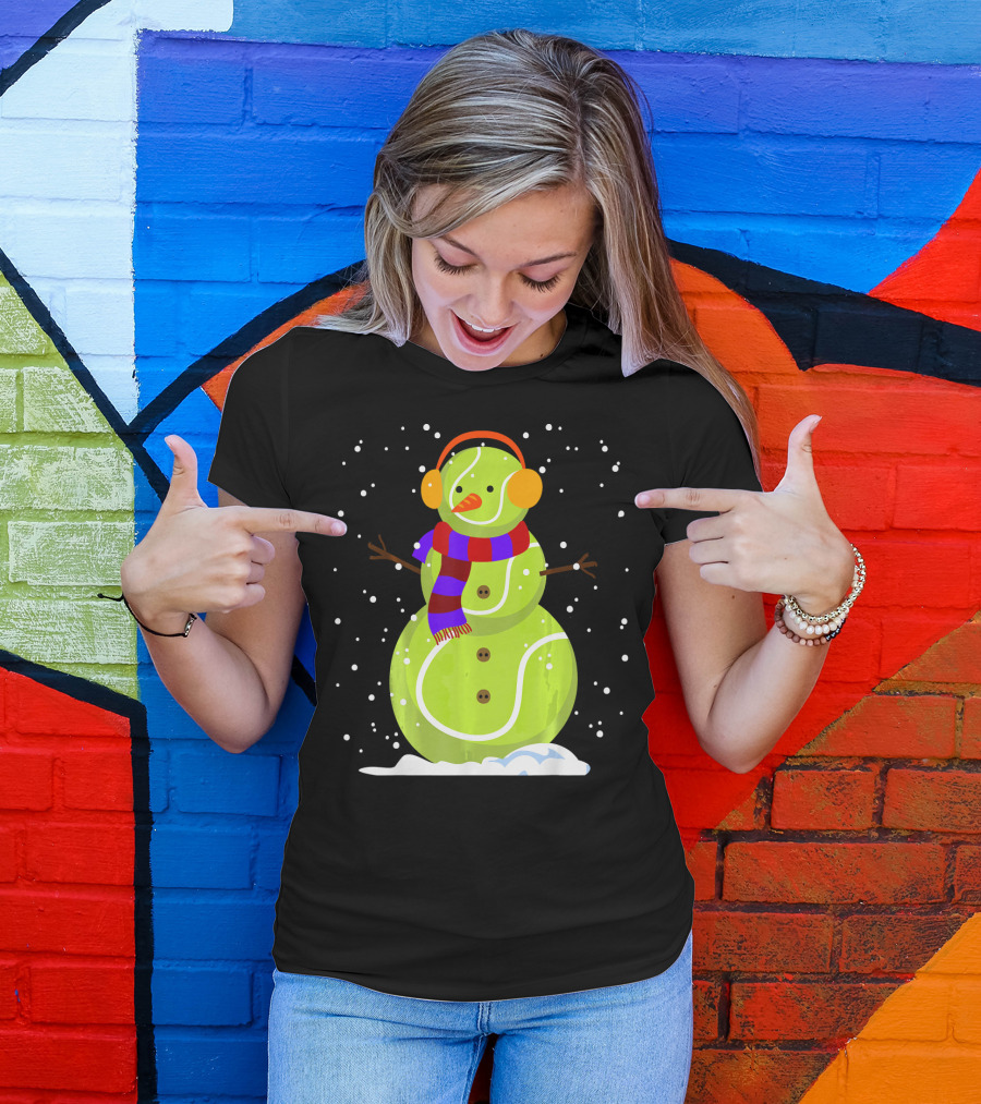Dabbing Tennis Ball Snowman With Scarf And Earmuffs T-Shirt