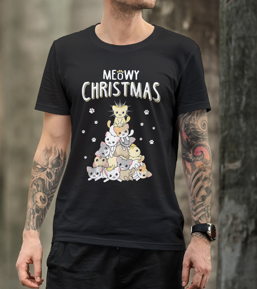 Meowy Christmas Cats Tree With Cute Paw Prints T-Shirt