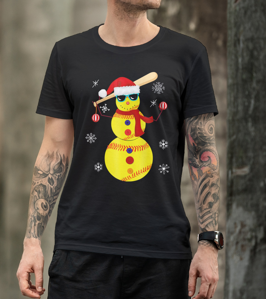 Christmas Softball Snowman With Bat And Santa Hat T-Shirt