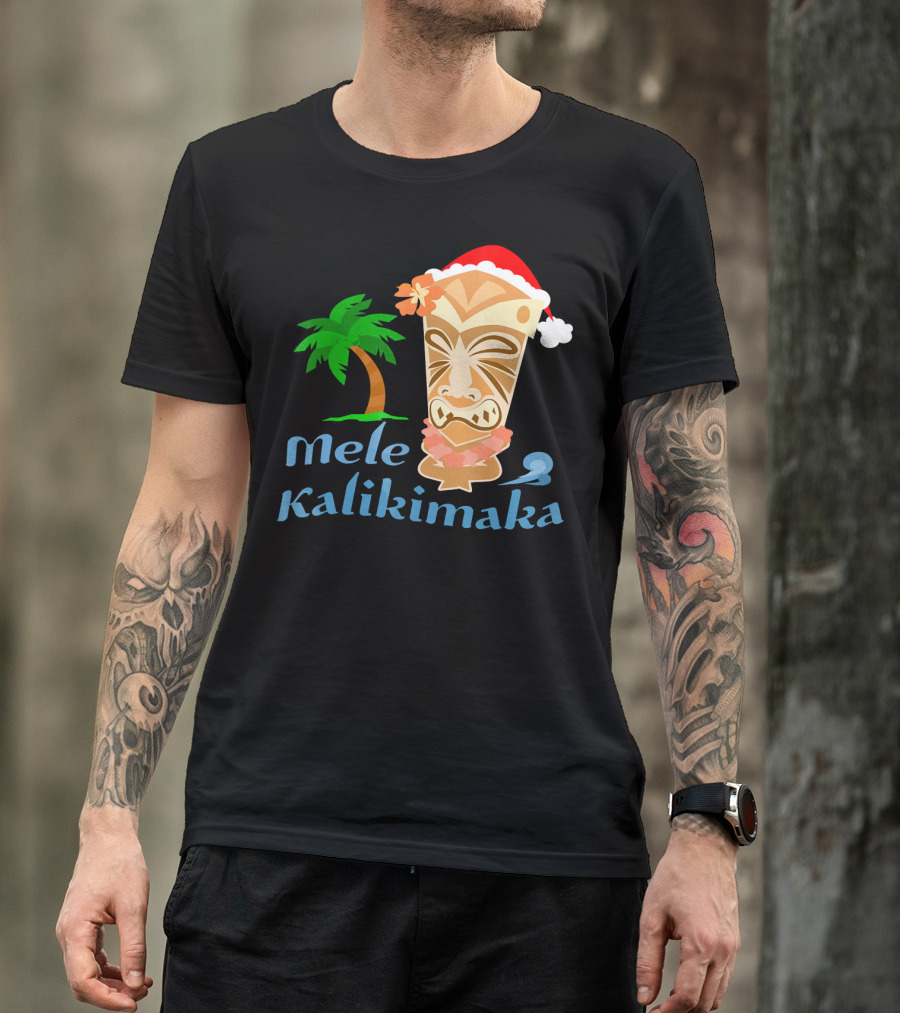 Mele Kalikimaka Hawaiian Christmas Tiki With Palm Tree And Santa Hat T-Shirt