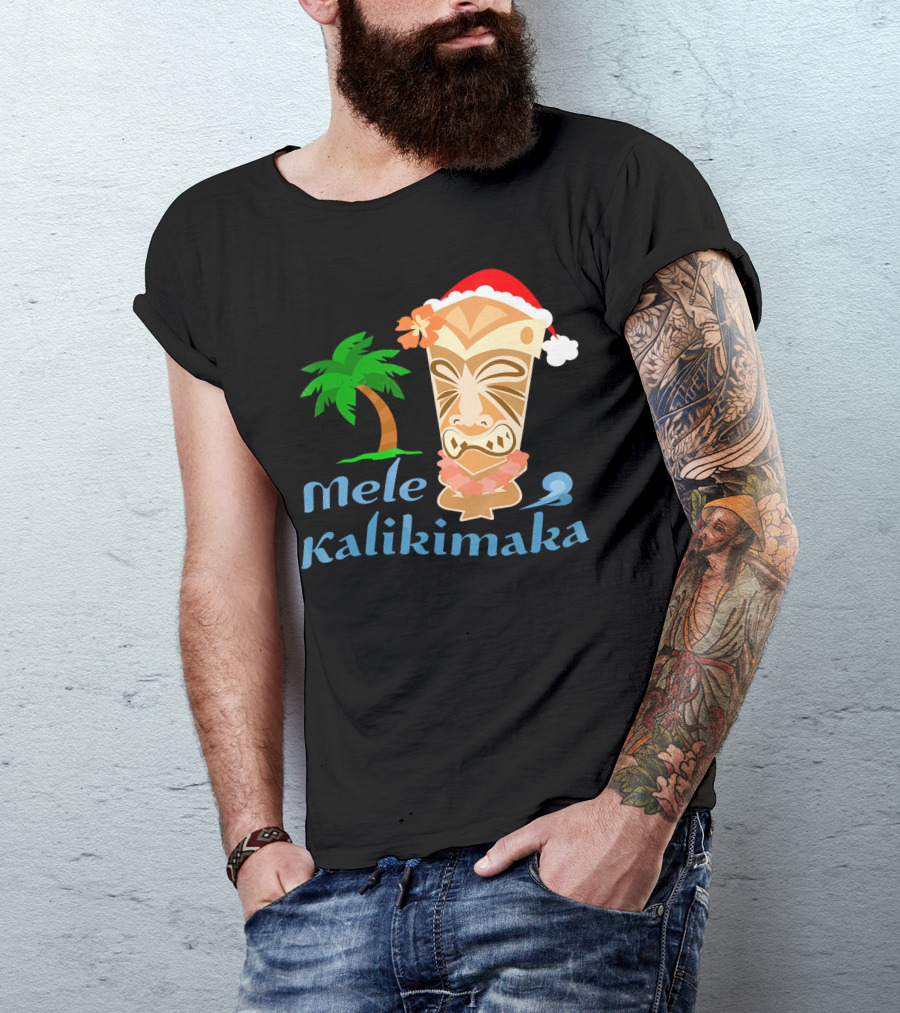 Mele Kalikimaka Hawaiian Christmas Tiki With Palm Tree And Santa Hat T-Shirt