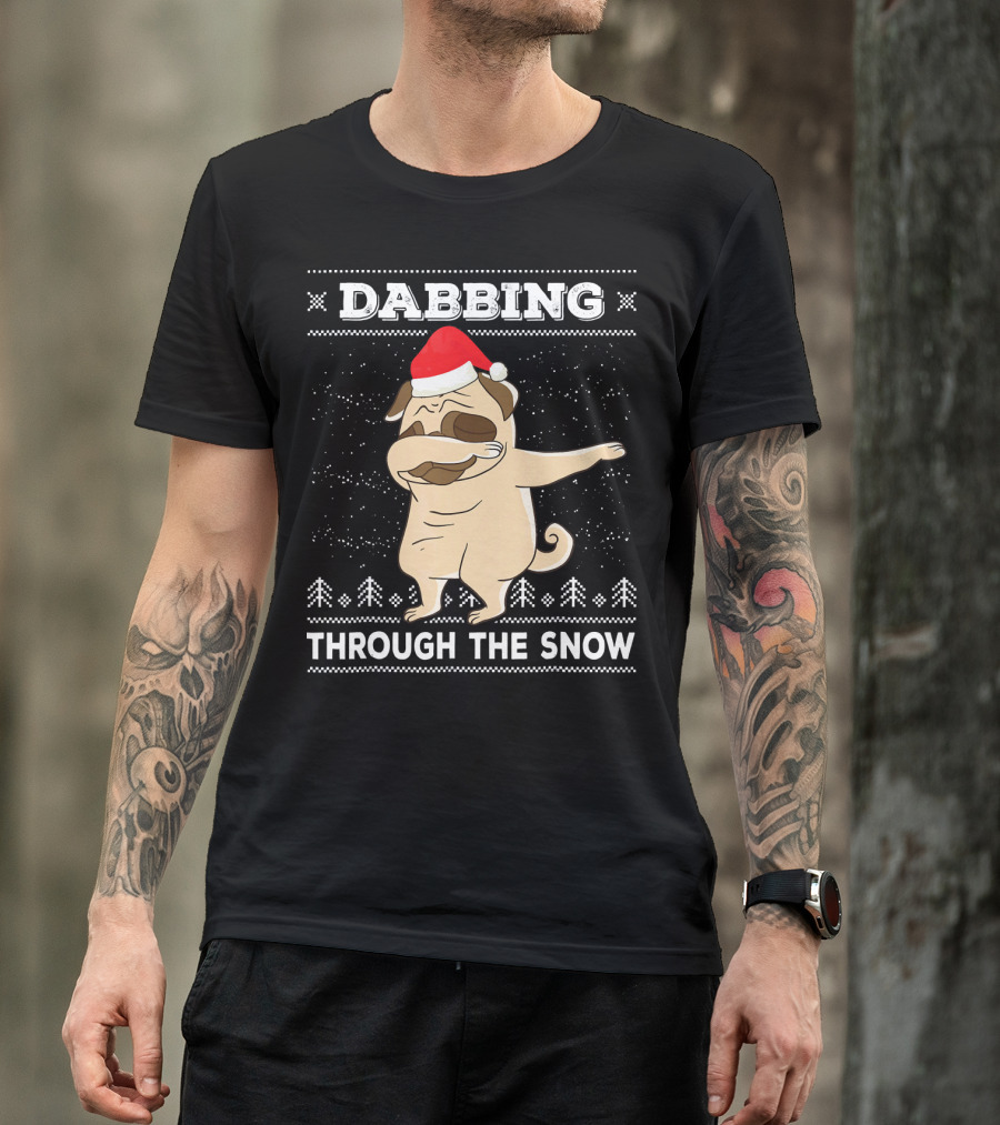Dabbing Pug Through The Snow Santa Hat T-Shirt