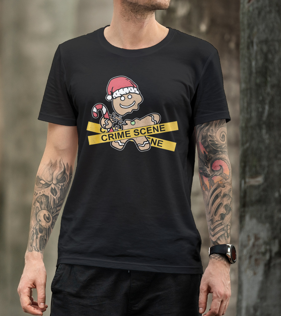 Gingerbread Cookie Crime Scene Santa Hat Candy Cane Christmas T-Shirt