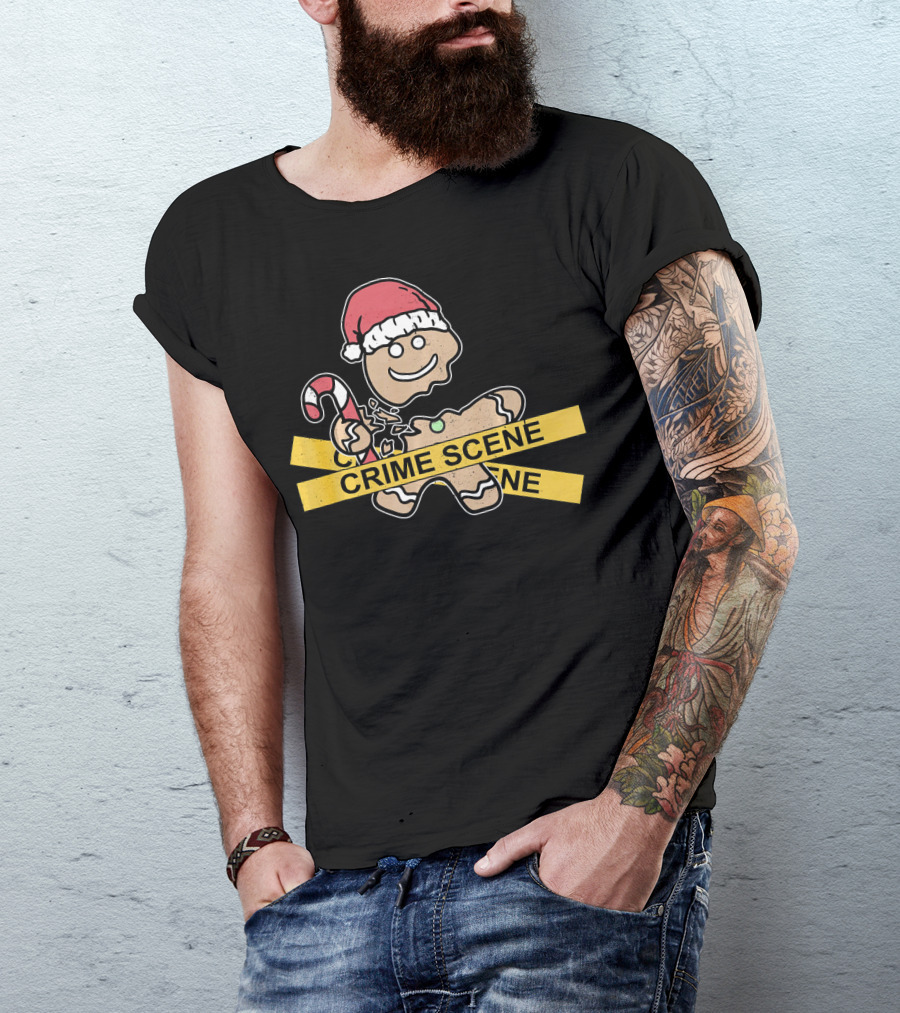 Gingerbread Cookie Crime Scene Santa Hat Candy Cane Christmas T-Shirt