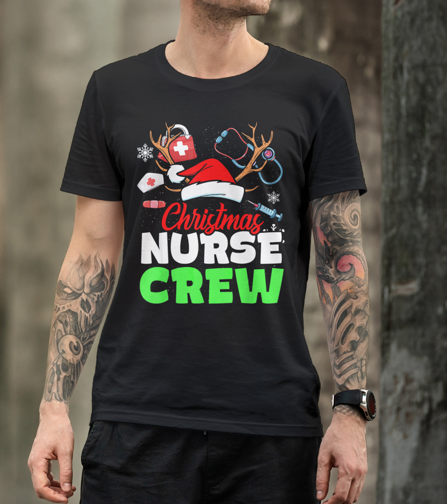 Christmas Nurse Crew Reindeer Antlers Stethoscope Santa Hat Snowflakes T-Shirt