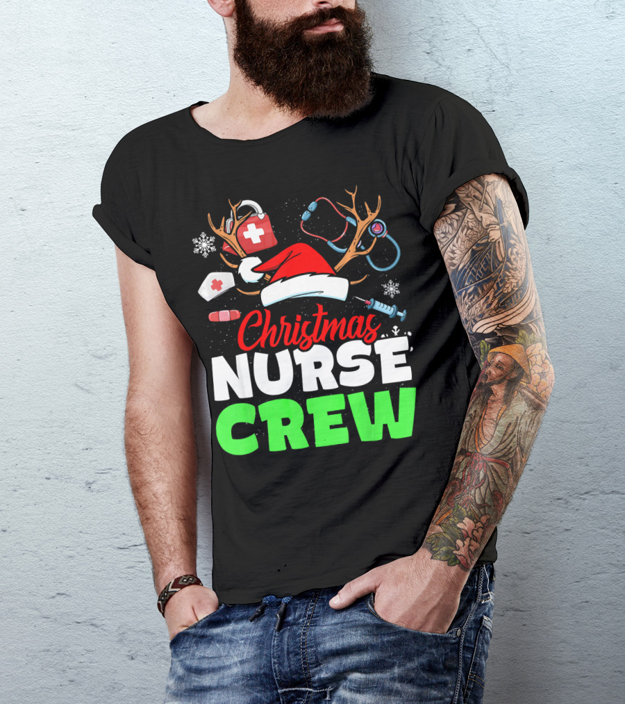 Christmas Nurse Crew Reindeer Antlers Stethoscope Santa Hat Snowflakes T-Shirt
