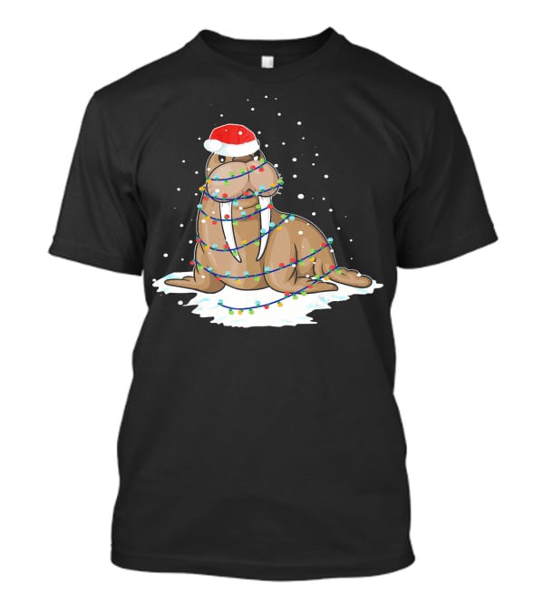 Walrus Wrapped In Christmas Lights With Santa Hat On Snow T-Shirt