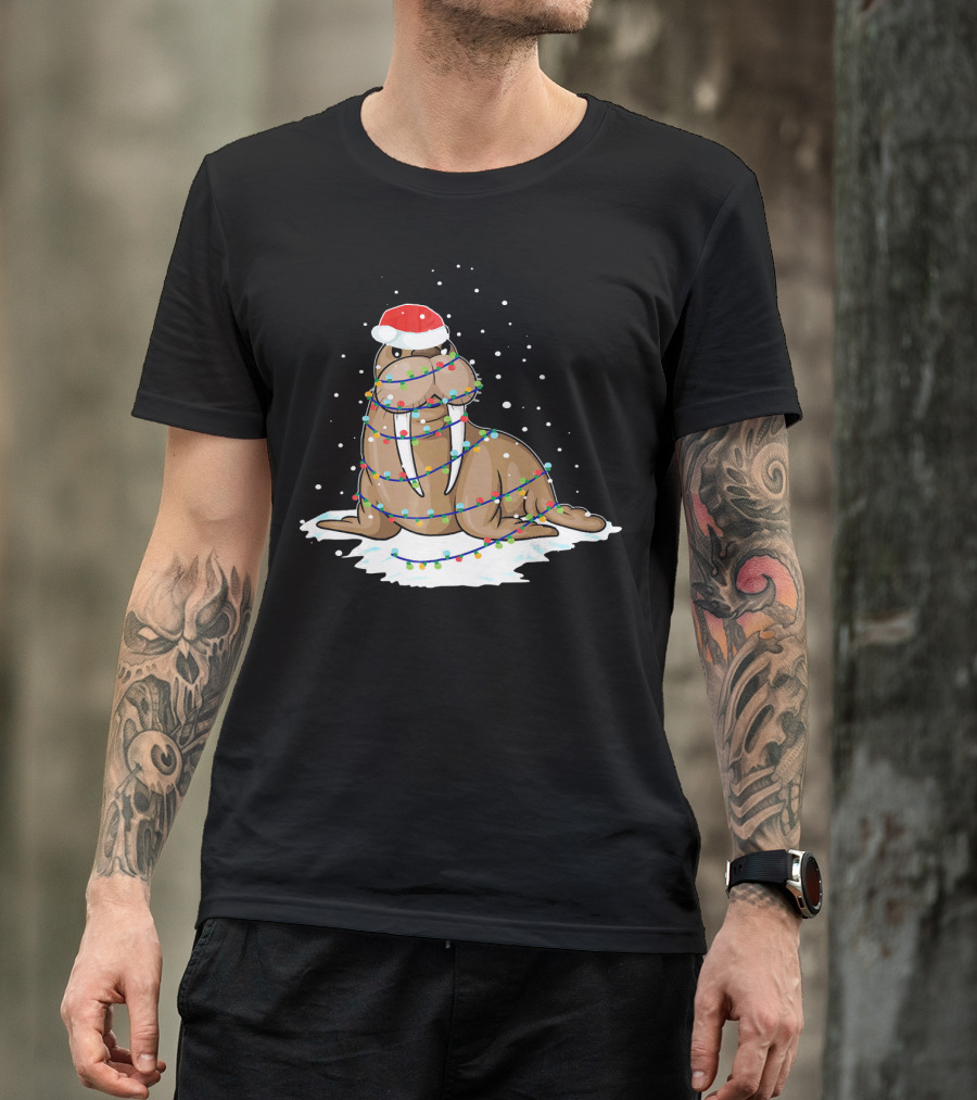 Walrus Wrapped In Christmas Lights With Santa Hat On Snow T-Shirt