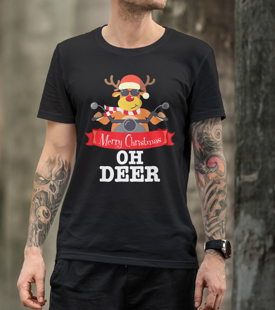 Merry Christmas Oh Deer Reindeer Motorcycle Santa Hat T-Shirt