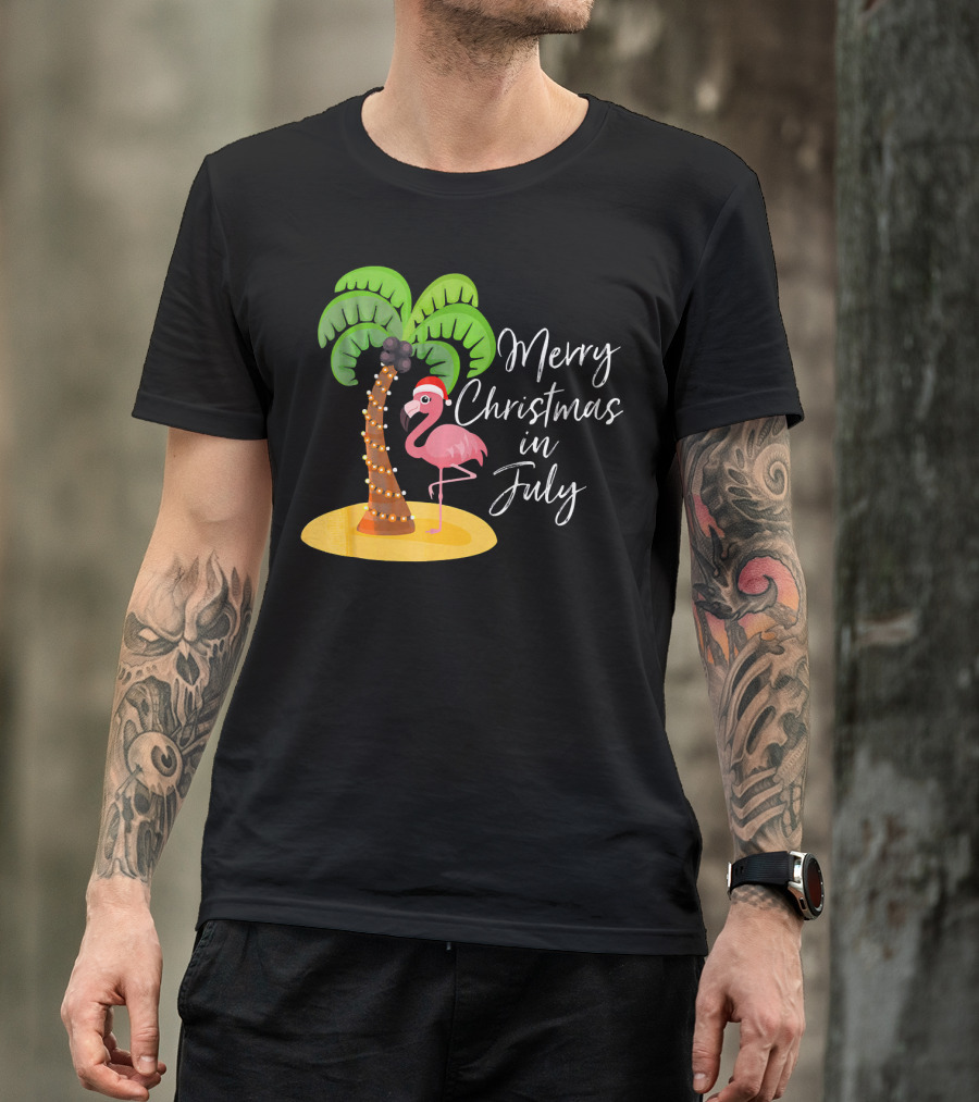 Merry Christmas In July Flamingo And Palm Tree T-Shirt