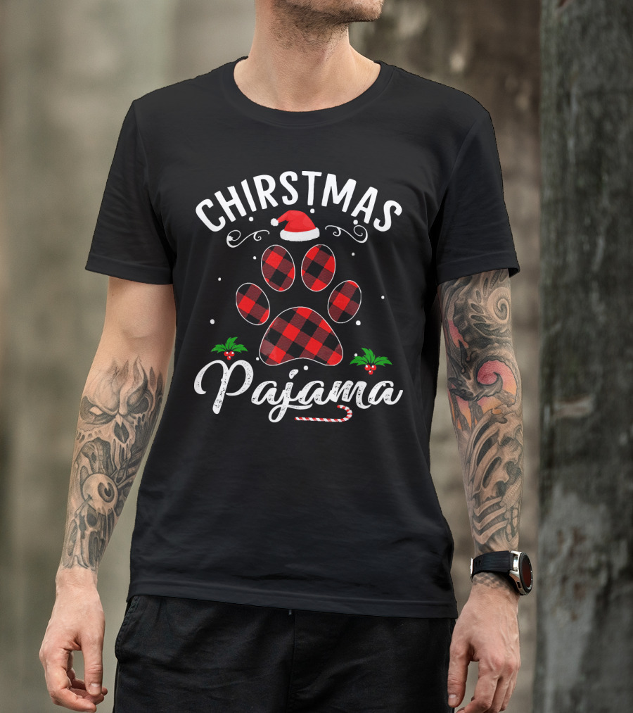 Buffalo Plaid Christmas Pajama Paw Holiday Hat T-Shirt