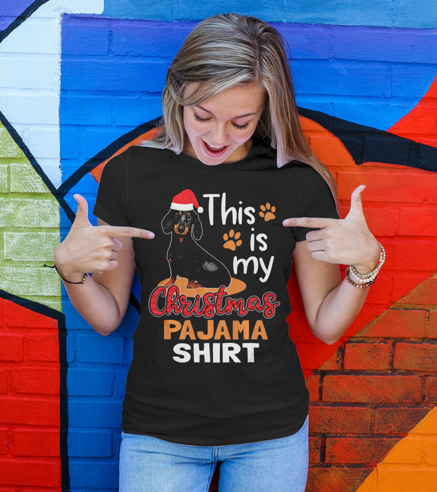 This Is My Christmas Pajama Shirt Dachshund Santa Hat Paw Prints T-Shirt