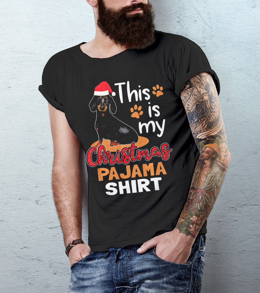 This Is My Christmas Pajama Shirt Dachshund Santa Hat Paw Prints T-Shirt