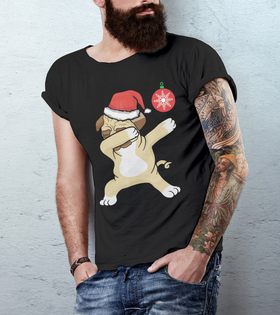 Christmas Pug Dabbing With Santa Hat And Red T-Shirt