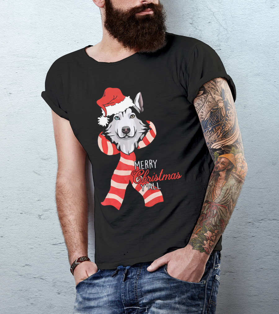 Merry Christmas Y'all Husky Dog In Santa Hat And Scarf T-Shirt