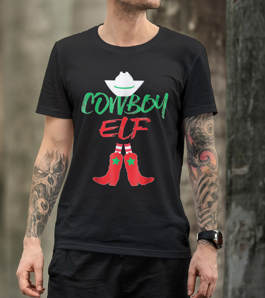 Cowboy Elf Christmas Hat Boots Men's Funny Holiday T-Shirt