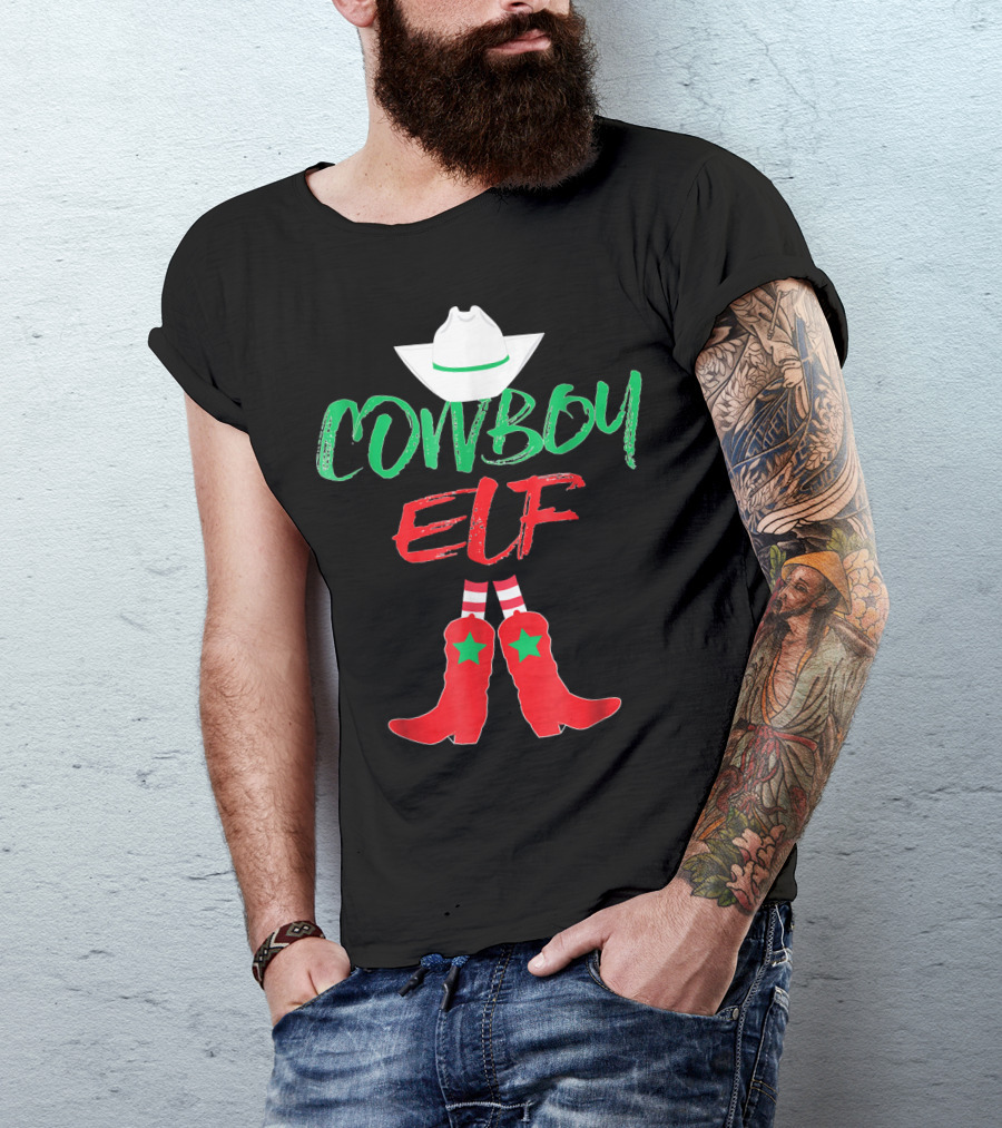Cowboy Elf Christmas Hat Boots Men's Funny Holiday T-Shirt