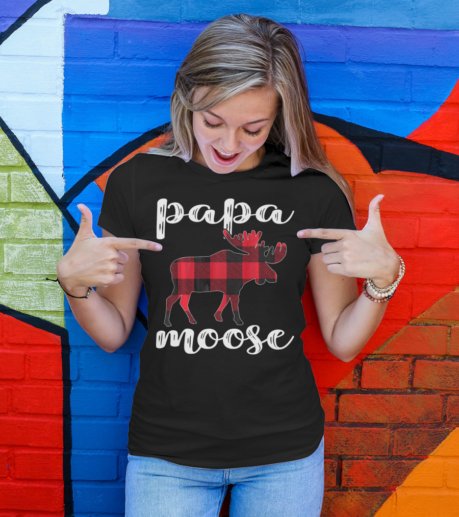 Papa Moose Matching Family Christmas Clo Buffalo Plaid Moose T-Shirt