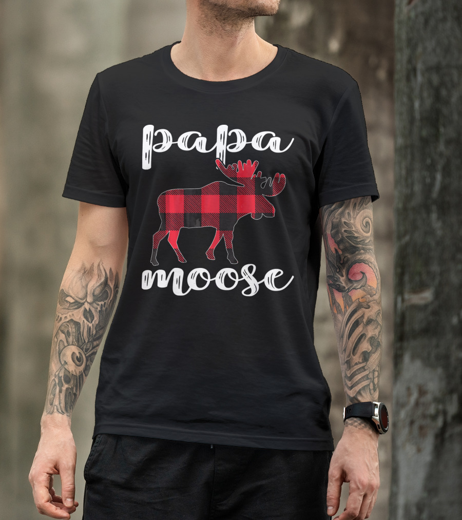 Papa Moose Matching Family Christmas Clo Buffalo Plaid Moose T-Shirt