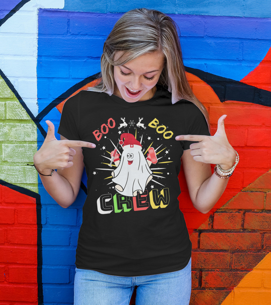 Boo Boo Crew Christmas Nurse Ghost With Bandages And Reindeer T-Shirt