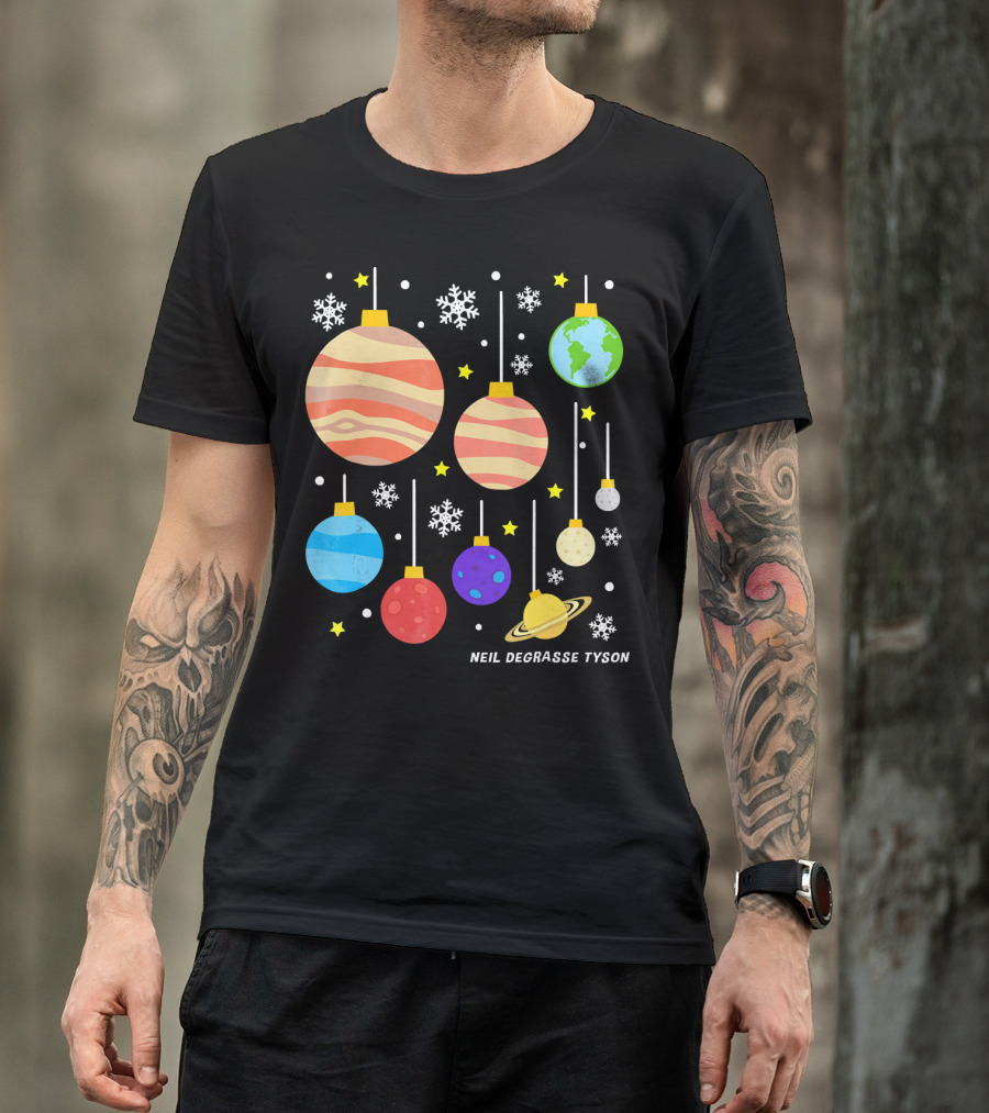 Neil DeGrasse Tyson Planets Hanging Ornaments Snowflakes Stars T-Shirt