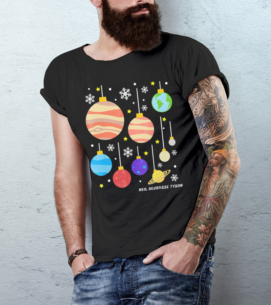 Neil DeGrasse Tyson Planets Hanging Ornaments Snowflakes Stars T-Shirt