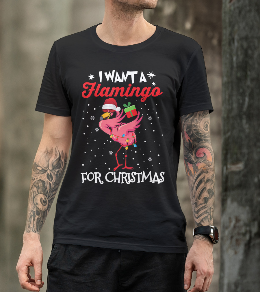 I Want A Flamingo For Christmas Santa Hat Lights Snowflakes Gift Box T-Shirt