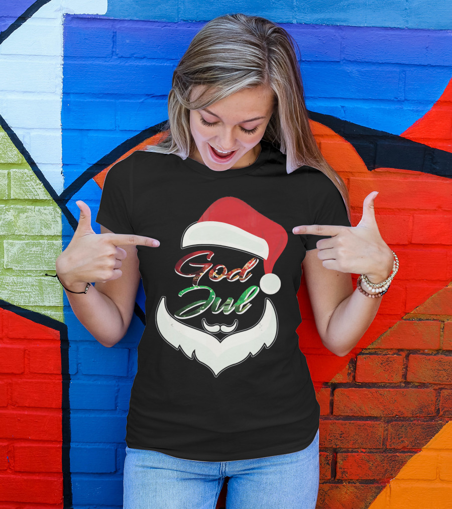 God Jul Norwegian Merry Christmas Santa Hat And Beard Design Norway T-Shirt