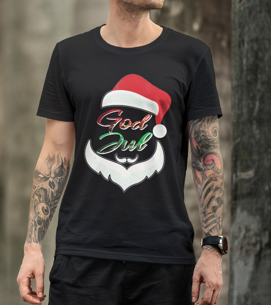 God Jul Norwegian Merry Christmas Santa Hat And Beard Design Norway T-Shirt