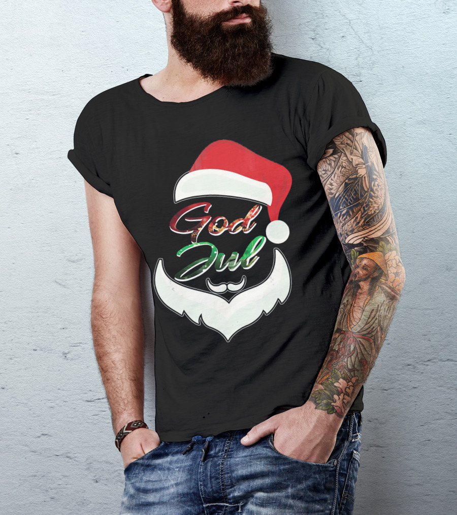 God Jul Norwegian Merry Christmas Santa Hat And Beard Design Norway T-Shirt